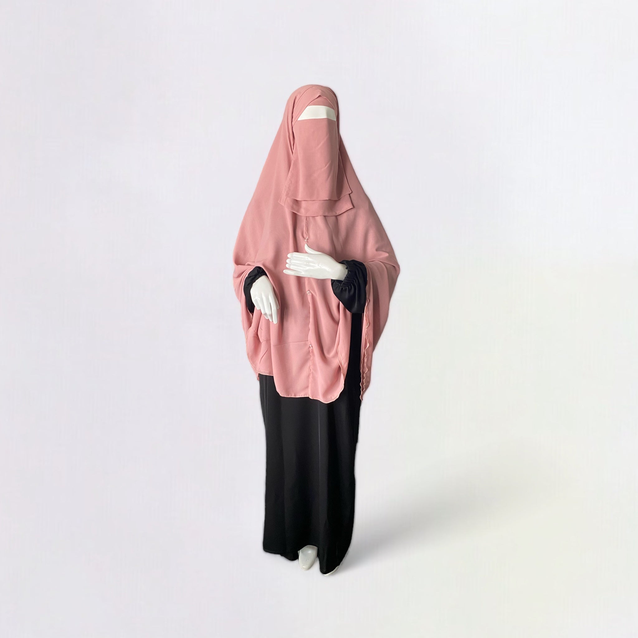 Premium chiffon double-layered buttoned jilbab with back tie & matching niqab in dusty pink by Niqabik