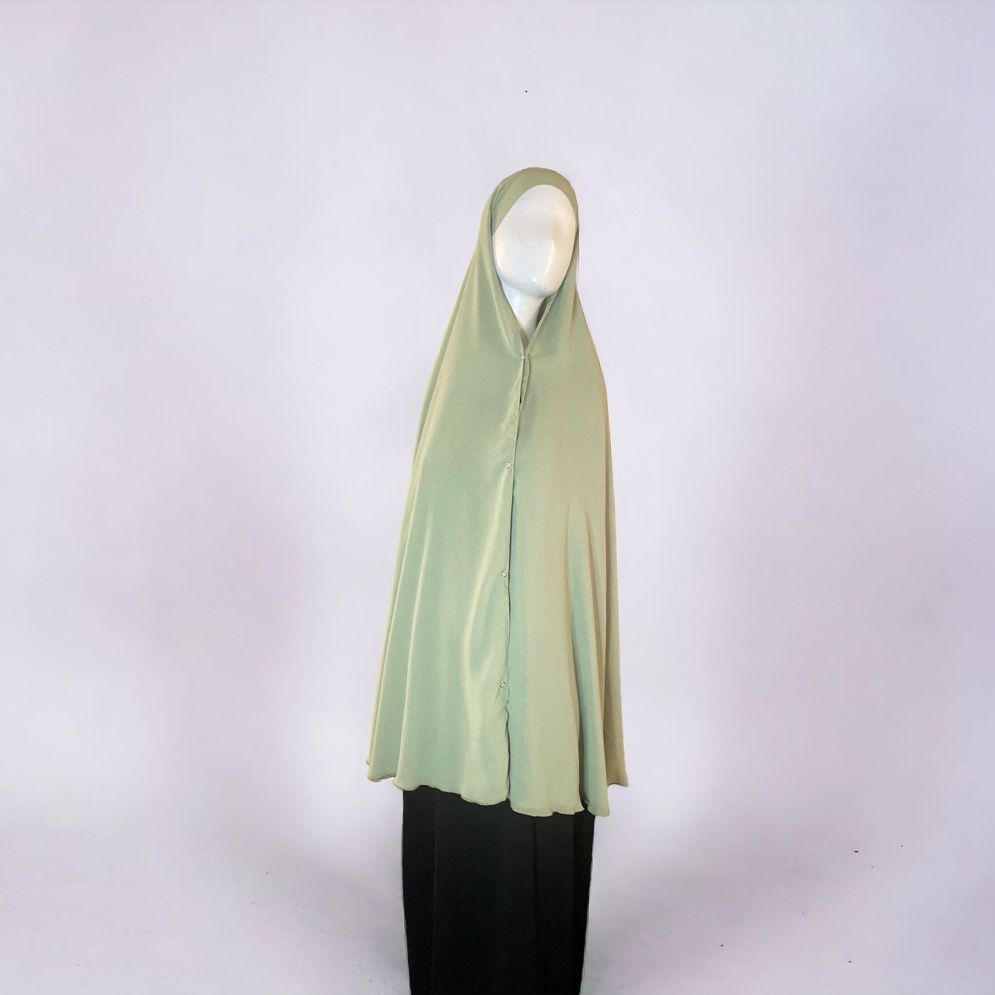 Premium chiffon double-layered buttoned jilbab with back in light green color by Niqabik