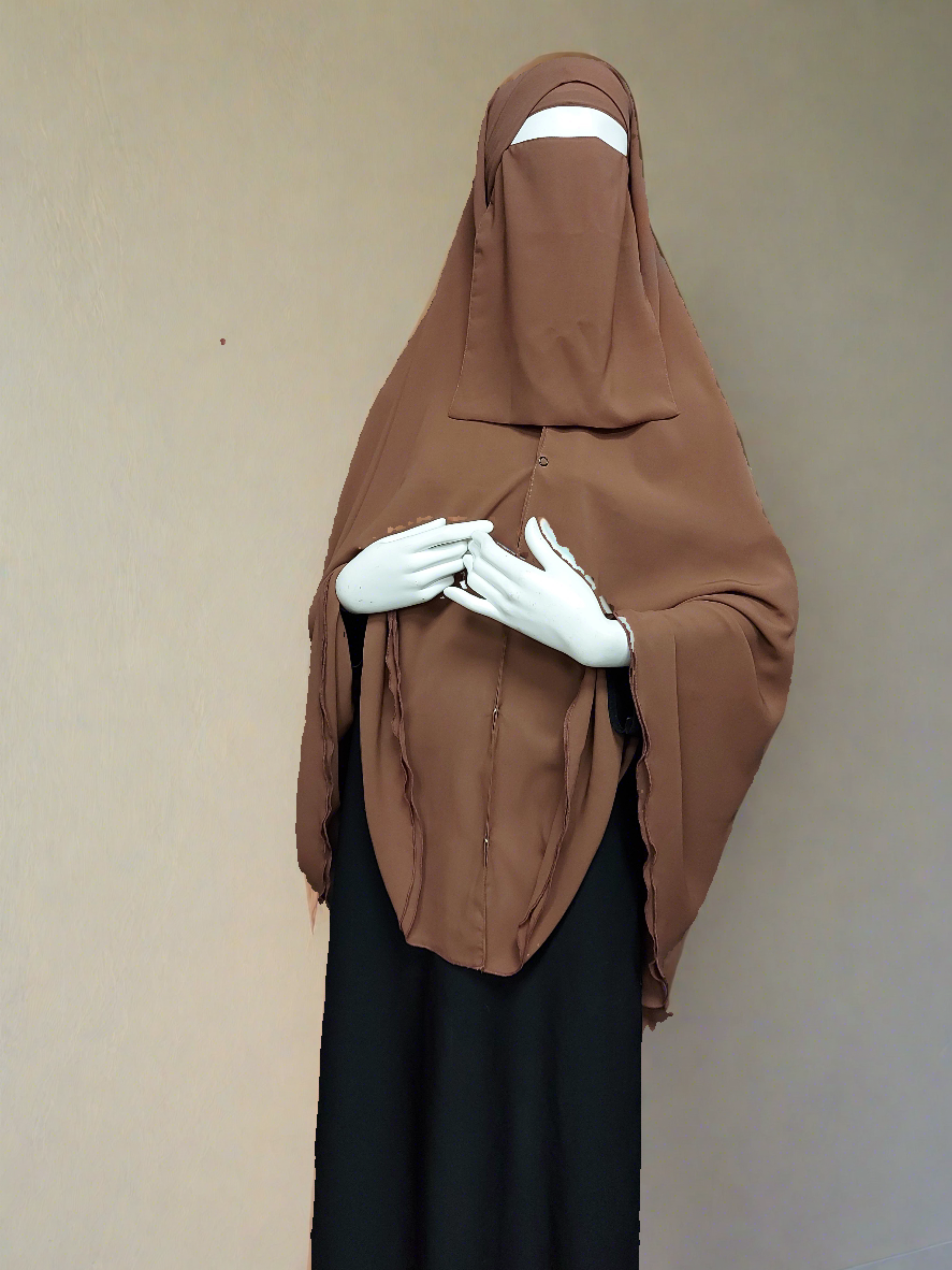 Premium chiffon double-layered buttoned jilbab with back tie & matching niqab in brown color by Niqabik