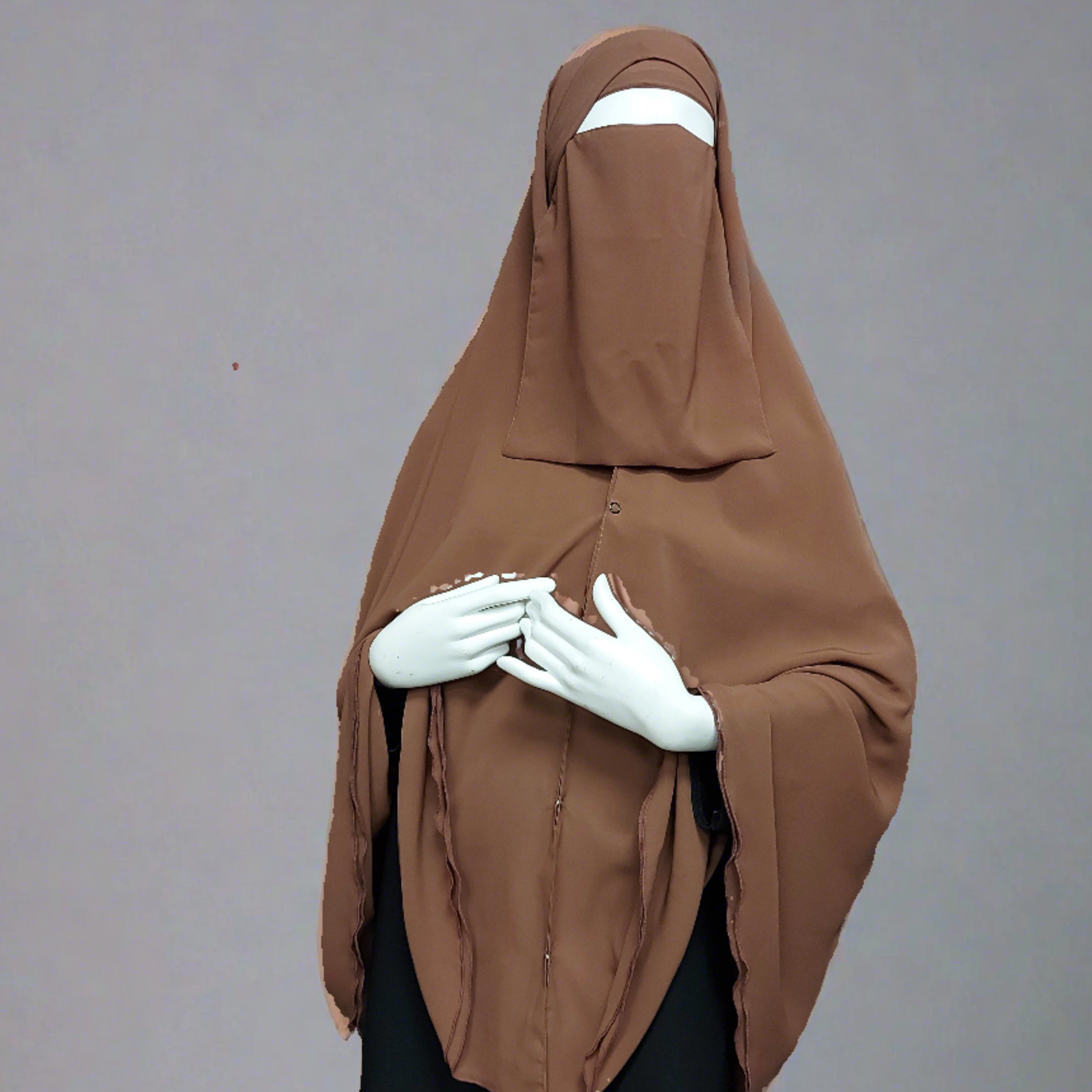 Premium chiffon double-layered buttoned jilbab with back tie & matching niqab in brown color by Niqabik