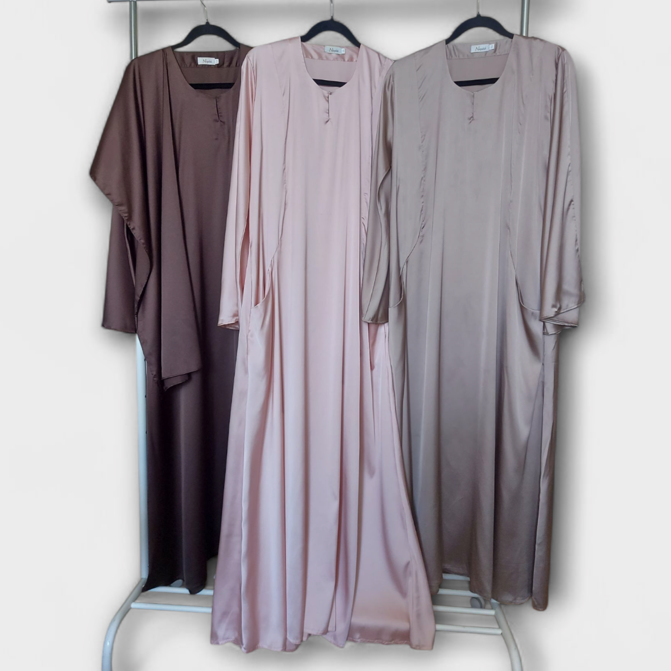Luxury Satin Abaya – Golden Taupe, Pink & Brown | Niqabik