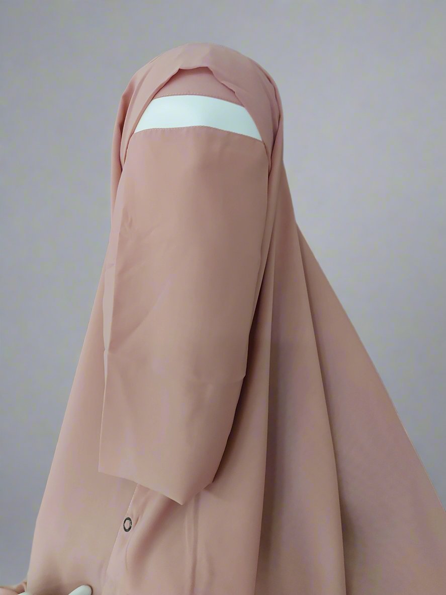 Premium chiffon double-layered buttoned jilbab with back tie & matching niqab in dusty pink by Niqabik