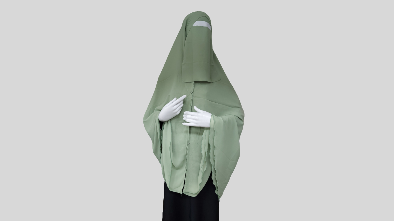 Premium chiffon double-layered buttoned jilbab with back tie & matching niqab in light green color by Niqabik