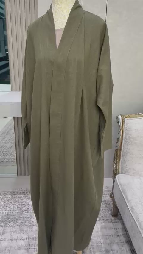 Linen Blend Abaya with Soft Rayon Inner Dress – Espresso, Olive & Tan | Niqabik