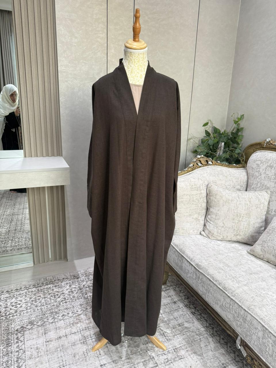 Linen Blend Abaya with Soft Rayon Inner Dress – Espresso, Olive & Tan | Niqabik