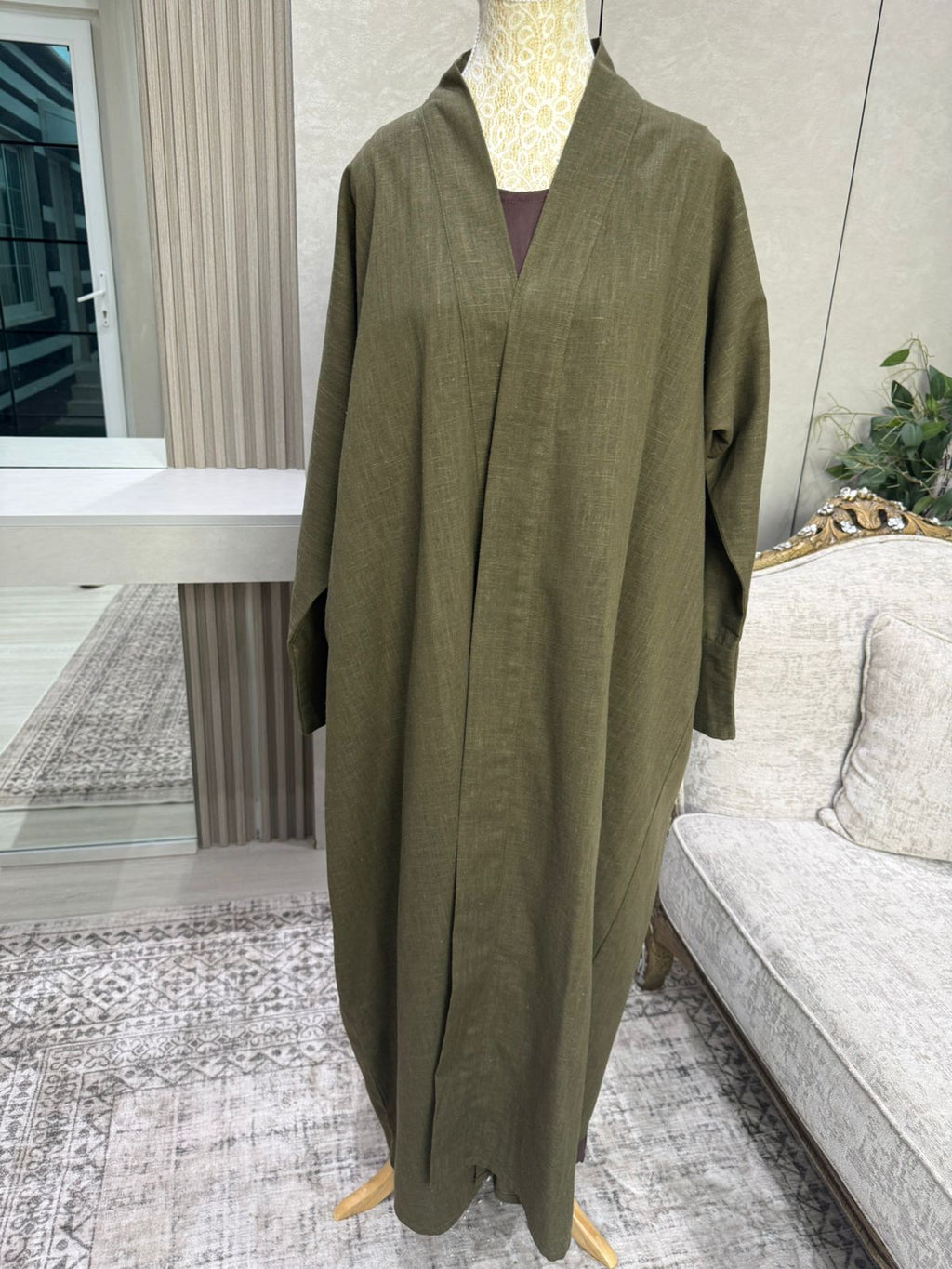 Linen Blend Abaya with Soft Rayon Inner Dress – Espresso, Olive & Tan | Niqabik