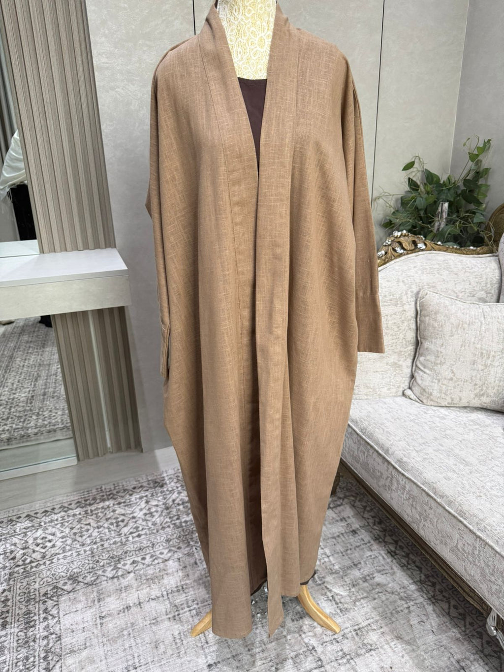 Linen Blend Abaya with Soft Rayon Inner Dress – Espresso, Olive & Tan | Niqabik