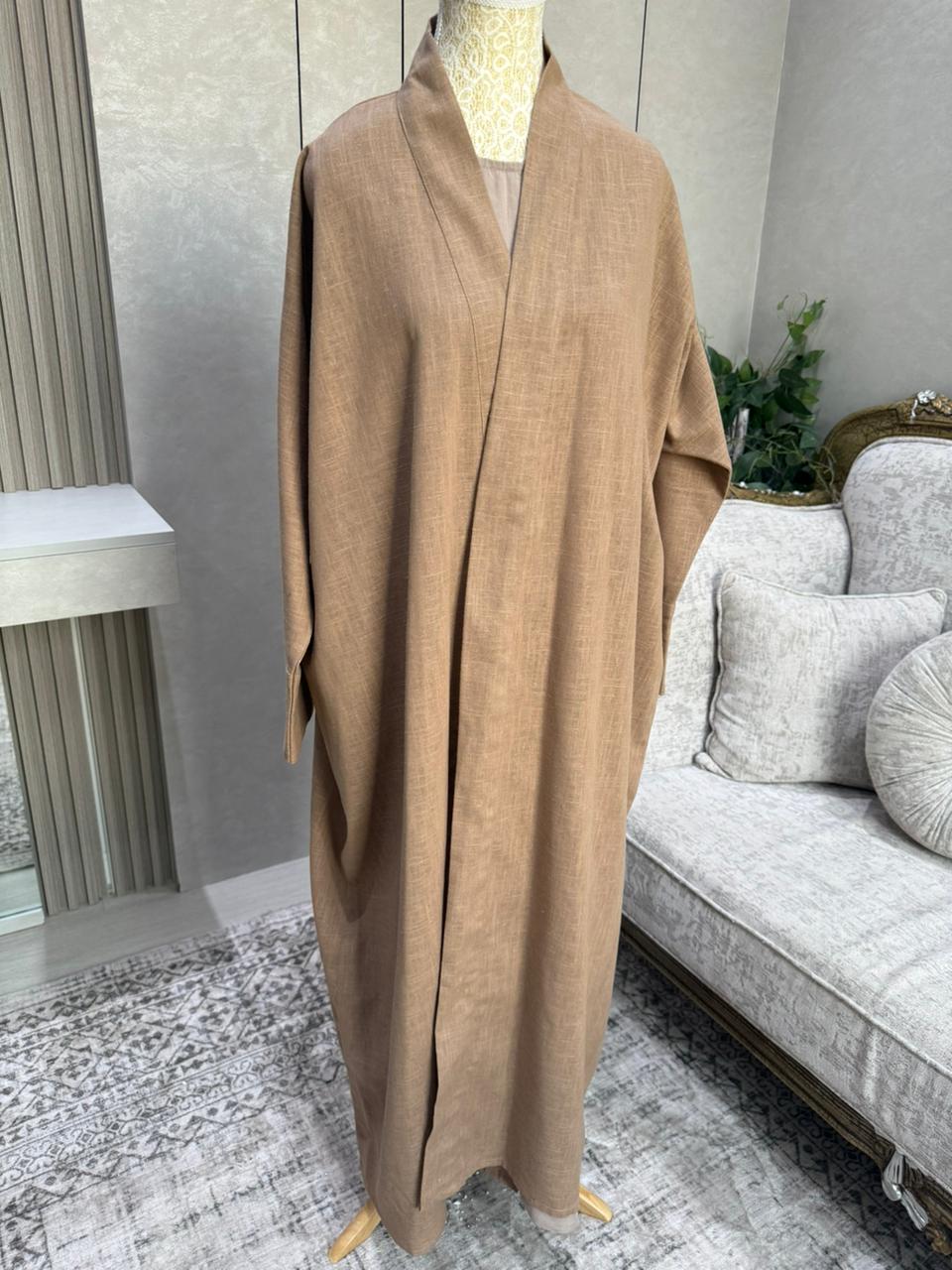 Linen Blend Abaya with Soft Rayon Inner Dress – Espresso, Olive & Tan | Niqabik