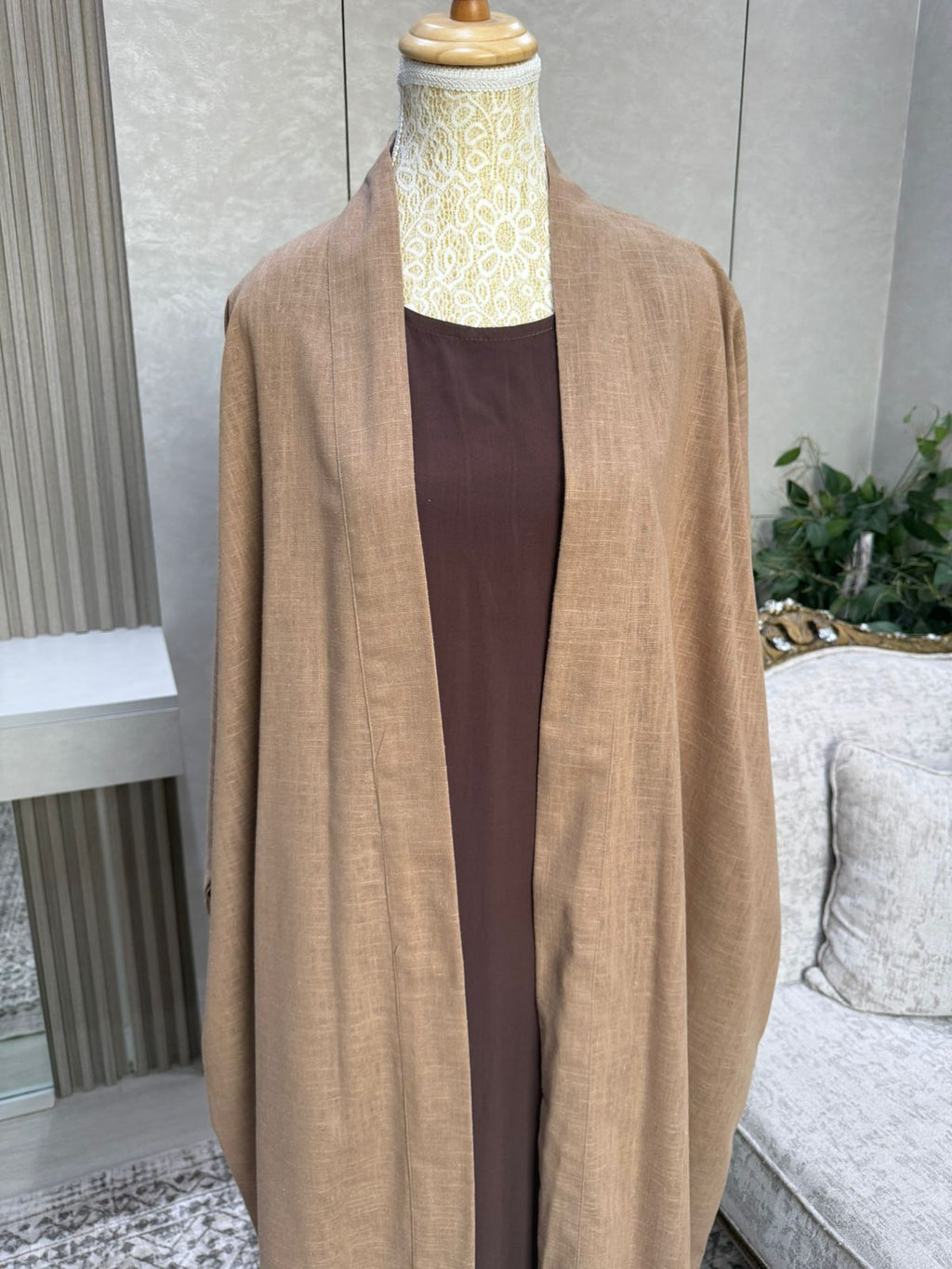 Linen Blend Abaya with Soft Rayon Inner Dress – Espresso, Olive & Tan | Niqabik
