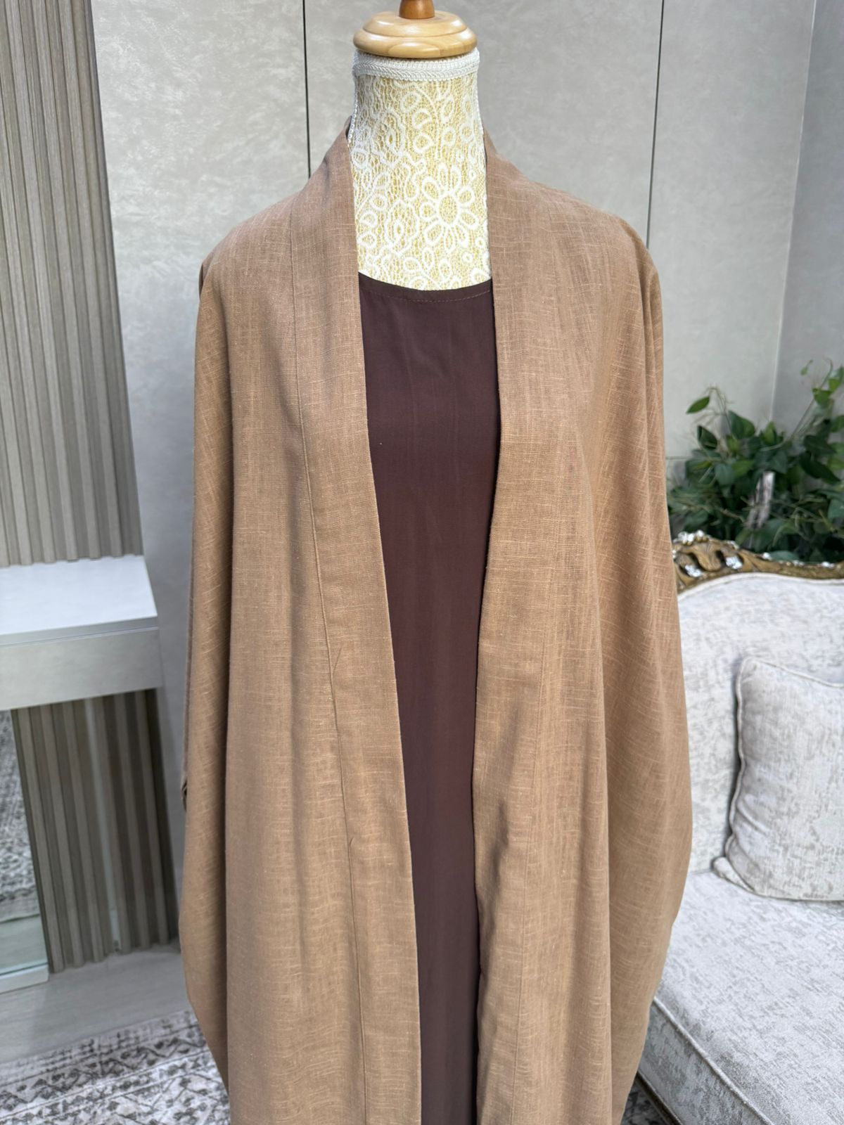 Linen Blend Abaya with Soft Rayon Inner Dress – Espresso, Olive & Tan | Niqabik