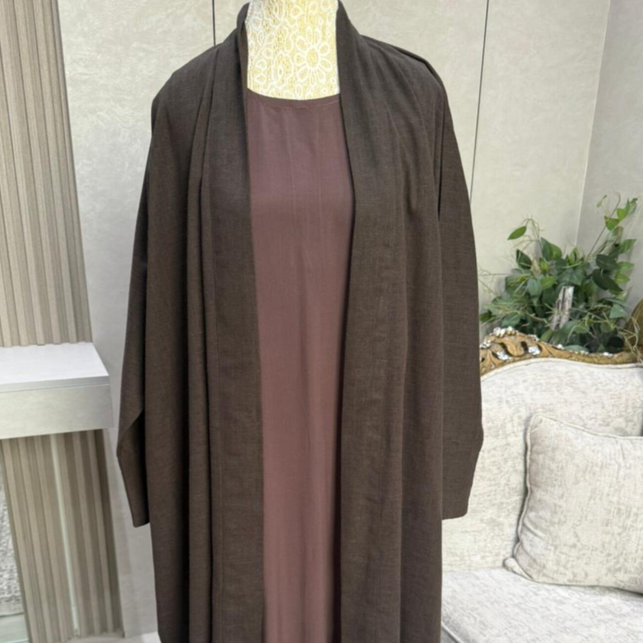Linen Blend Abaya with Soft Rayon Inner Dress – Espresso, Olive & Tan | Niqabik