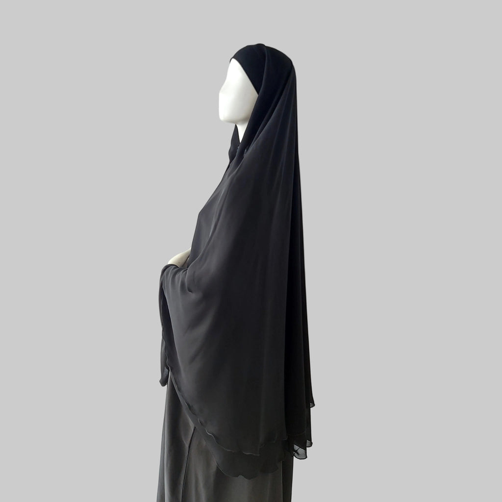Chiffon Double-Layer Buttoned Jilbab, Black