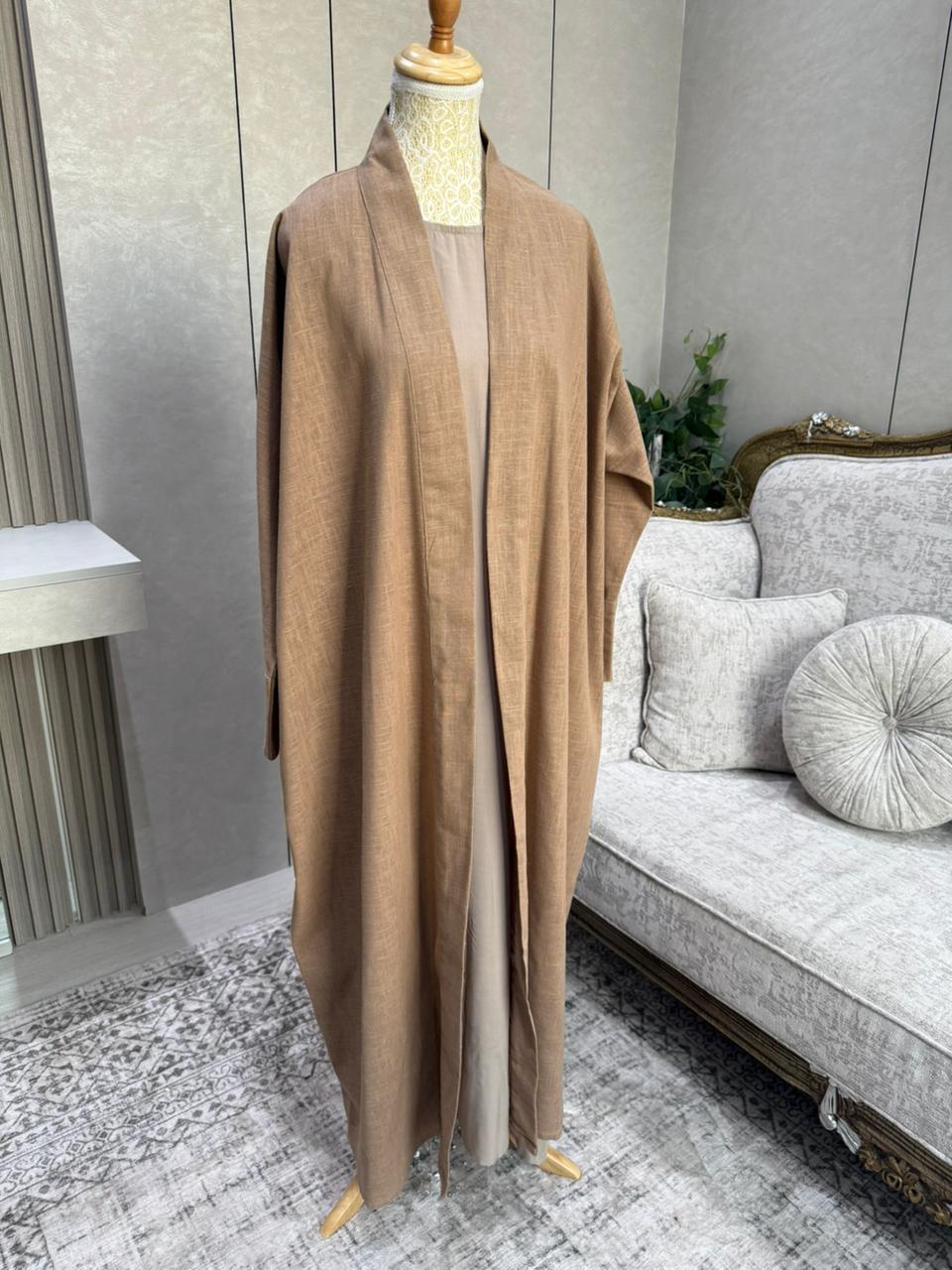 Linen Blend Abaya with Soft Rayon Inner Dress – Espresso, Olive & Tan | Niqabik