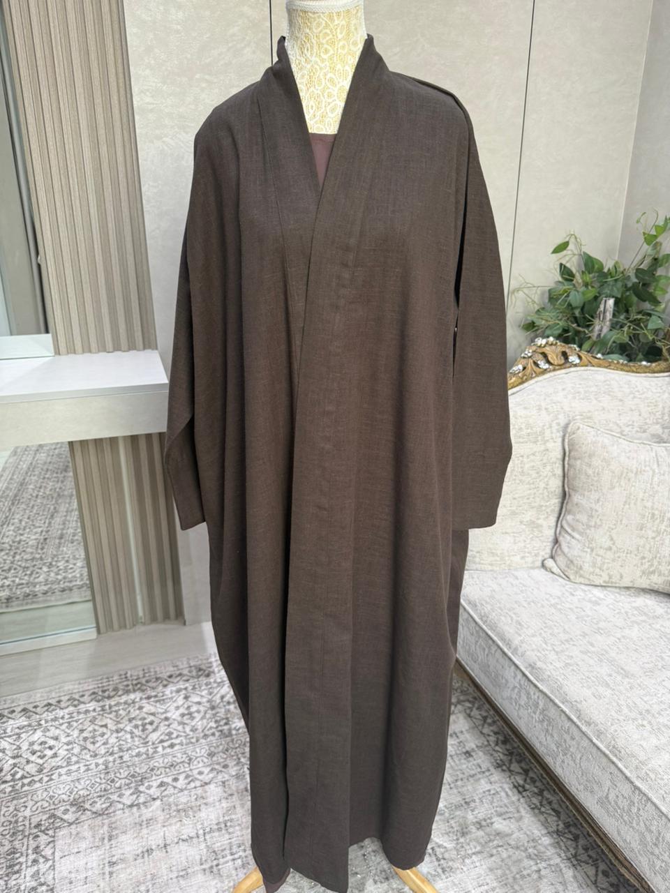 Linen Blend Abaya with Soft Rayon Inner Dress – Espresso, Olive & Tan | Niqabik