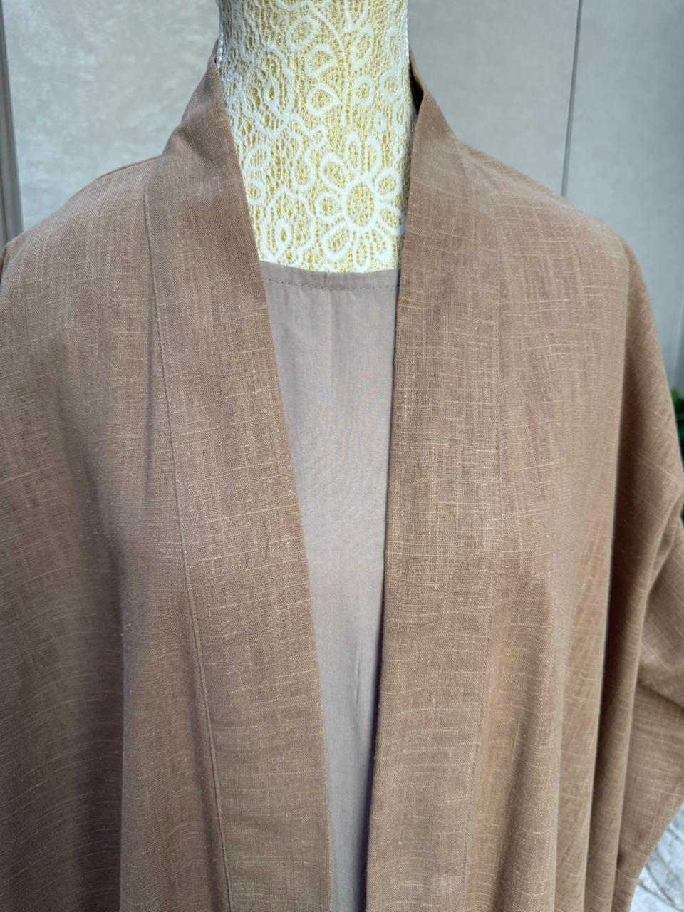 Linen Blend Abaya with Soft Rayon Inner Dress – Espresso, Olive & Tan | Niqabik