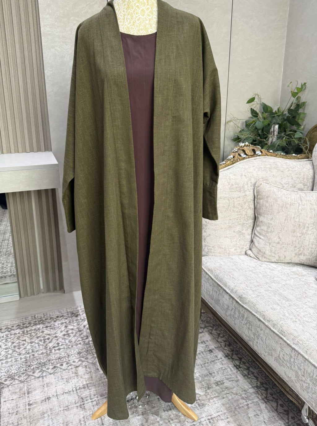 Linen Blend Abaya with Soft Rayon Inner Dress – Espresso, Olive & Tan | Niqabik