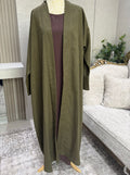 Linen Blend Abaya with Soft Rayon Inner Dress – Espresso, Olive & Tan | Niqabik