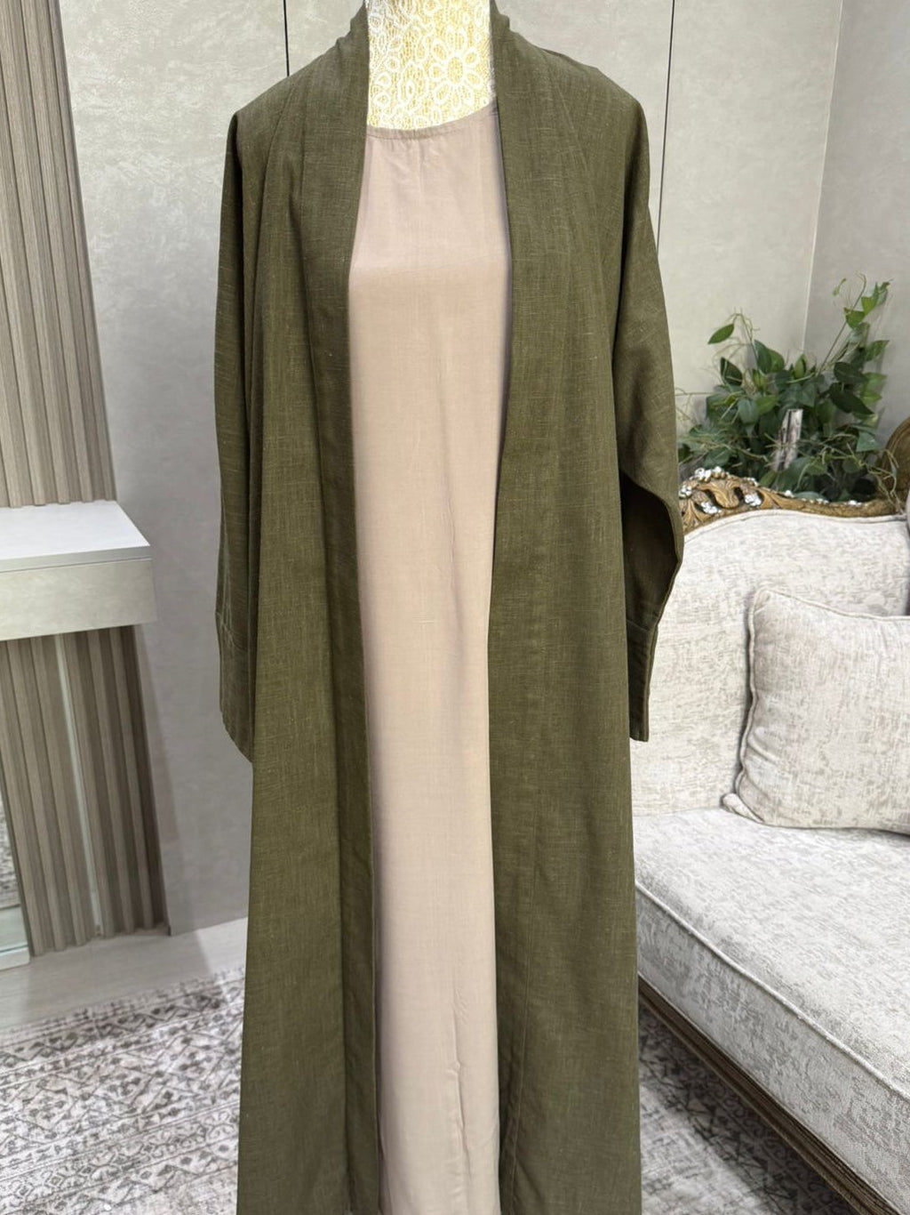 Linen Blend Abaya with Soft Rayon Inner Dress – Espresso, Olive & Tan | Niqabik