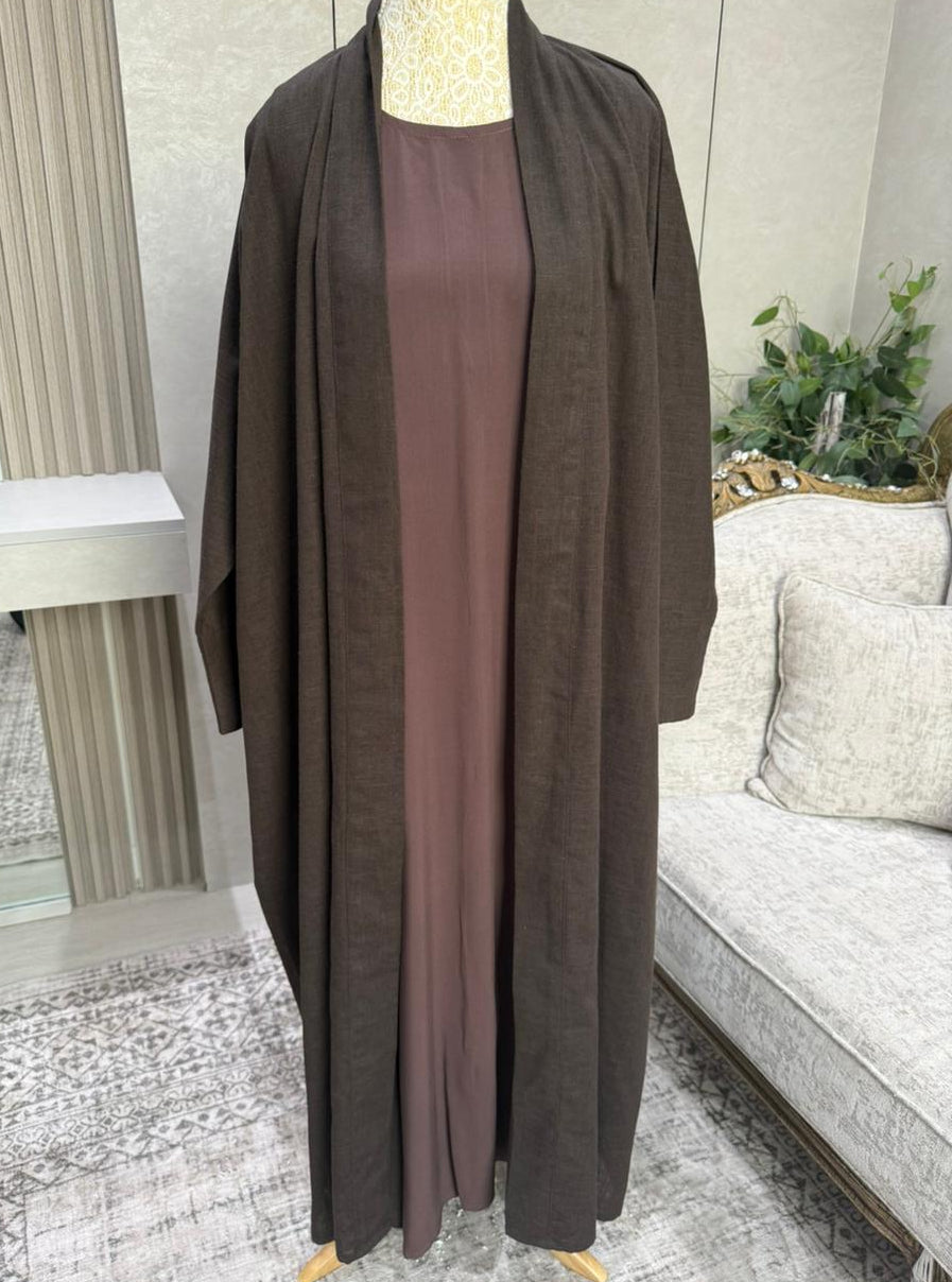 Linen Blend Abaya with Soft Rayon Inner Dress – Espresso, Olive & Tan | Niqabik