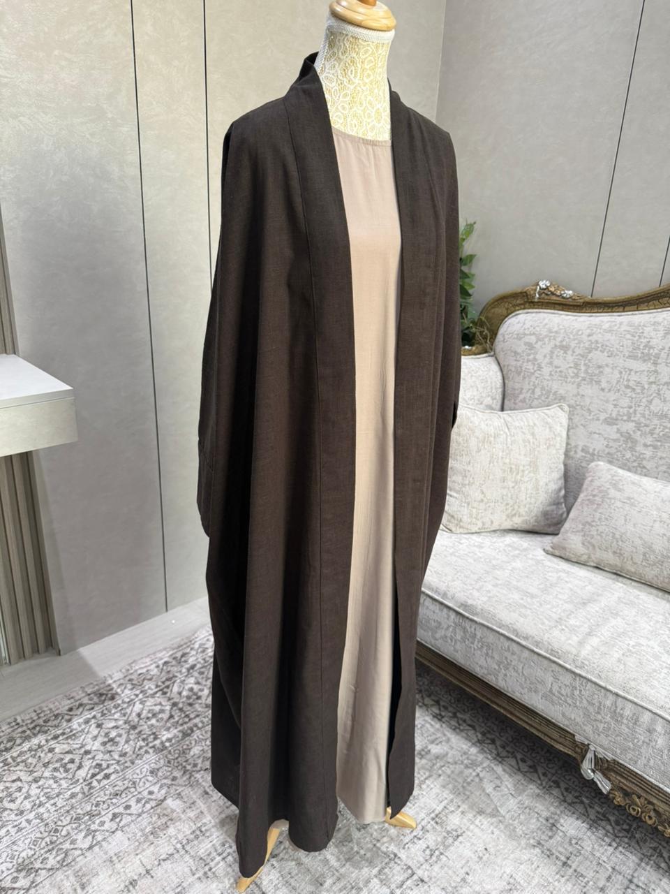 Linen Blend Abaya with Soft Rayon Inner Dress – Espresso, Olive & Tan | Niqabik